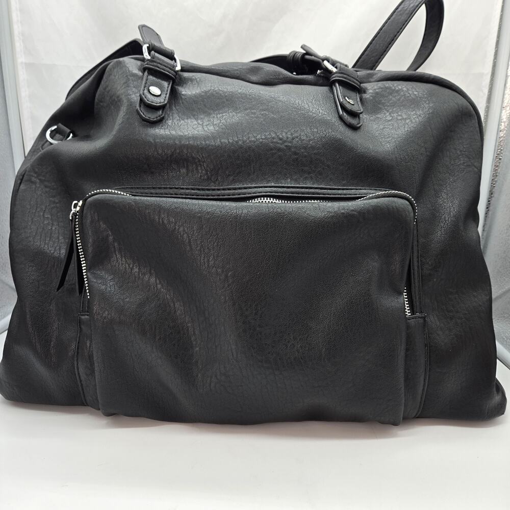MADISON WEST BLACK VEGAN Faux LEATHER OVERNIGHT TOTE 19x6x14" Inside Pockets